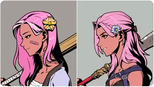 Two NFTs side-by side. Both depict anime style women, in profile, with long pink hair and a weapon over their shoulder, with a flower in their hair.