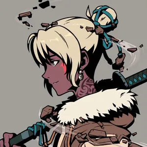 A human figure with brown-purple skin and blond hair tied back in a bun, holding a sword over her shoulder. She has a tattoo on her neck and the side of her face, and is wearing a parka with a furred collar.