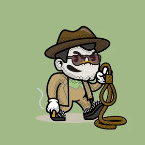 An illustration of a man in a brown suit, brown fedora, and sunglasses, smoking a cigar and holding a noose.