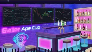 Illustration of a purple neon themed bar scene with crypto price charts on the walls