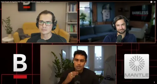 Bankless hosts Ryan Sean Adams, David Hoffman, and ejaaz on a video stream also containing the Bankless logo and a sponsorship logo for Mantle