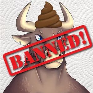 An illustration of a brown bull, with a pile of poo on its head, on a toilet-paper-esque background. The text "BANNED!" is stamped above it.