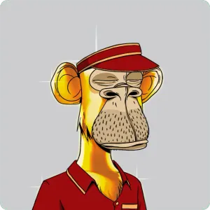 A gold-furred illustrated ape wearing a red visor and red shirt resembling a foodservice uniform. Its eyes are closed and it's on a grey background