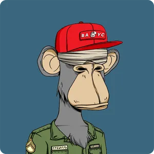 A Bored Ape with grey fur, wearing a red baseball cap, a green army jacket, and a blindfold over its eyes