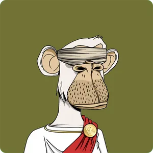 An illustration of a white-furred ape, with a bandage around its eyes, wearing a toga.
