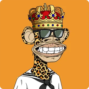 An illustrated ape with leopard print fur, wearing a crown, shades, and a sailor suit. It has its mouth wide in a grimace and is on a bright orange background.