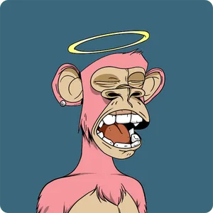 An illustration of an ape with pink fur and an angel halo. The ape's eyes are closed and its mouth is open. It's wearing no shirt, and has a silver stud earring.