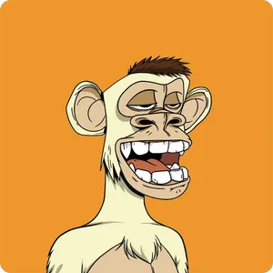 An illustration of an ape with cream-colored fur. Its eyes are half-lidded and its mouth is open in a grimace or smile. It has a tuft of brown hair on its head.