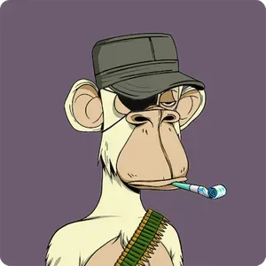 A cream-colored ape with a green army-style hat, an eye patch, a bandolier, and a party horn.