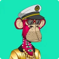 An illustration of a bright pink ape, wearing a captain's hat, with heart-shaped sunglasses, with eyes on its neck, and a gold jacket and chain