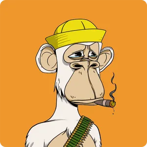 A sad-looking Bored Ape wearing a yellow fisherman's hat and bandolier, smoking a cigar, on a bright orange background