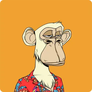 An illustration of an ape with cream colored fur, wearing a hawaiian shirt on an orange background.