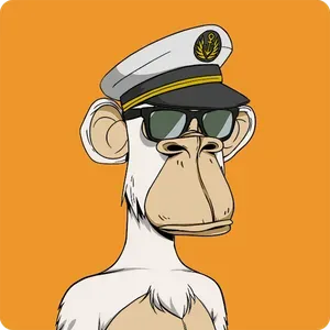 A Bored Ape on a yellow-orange background wearing a captain's hat and sunglasses, with a neutral expression.