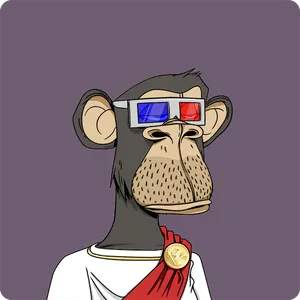 An illustration of an ape with grey-brown fur, with heavily lidded eyes, wearing 3D glasses and a toga