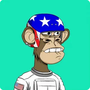 A Bored Ape NFT: a teal background, with an ape wearing an astronaut suit and a crash helmet with an American flag print. It's biting its lower lip.