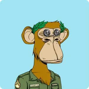 Bored Ape illustration: light brown ape with a laurel crown, coins over its eyes, and an army jacket on a light blue background.