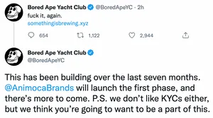 Two tweets by Bored Ape Yacht Club. First tweet: "fuck it, again. http://somethingisbrewing.xyz". Second tweet: "This has been building over the last seven months. AnimocaBrands will launch the first phase, and there’s more to come. P.S. we don’t like KYCs either, but we think you’re going to want to be a part of this."