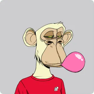 An illustration of a light yellow ape with lidded eyes with yellow irises, blowing a bubble of gum, wearing a red t-shirt