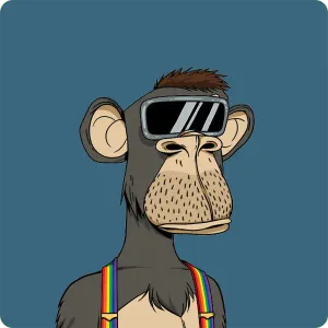 A Bored Ape with grey fur, wearing goggles and rainbow suspenders, on a blue background