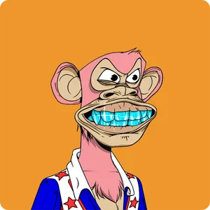 An illustration of a grimacing ape with pink fur and diamond teeth wearing a colorful stunt jacket on an orange background