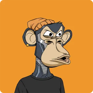 A grey robot ape, making a confused face with an open mouth, wearing an orange beanie and black t-shirt on an orange background