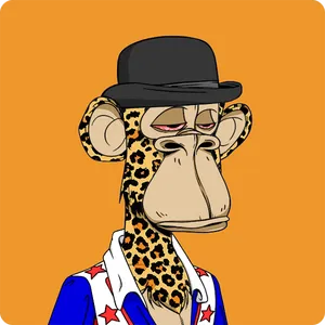 A Bored Ape with leopard print fur, wearing a black bowler hat and American flag shirt with a deep V-neck, with half-closed red eyes, on an orange background