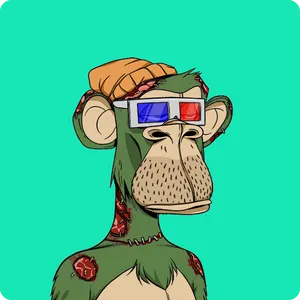 An illustrated ape with green fur covered in sores, wearing an orange beanie and 3D glasses