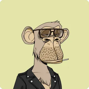 A beige-furred ape with half-closed eyes, wearing sunglasses, smoking a cigarette, and wearing a leather jacket with no shirt underneath, on a yellow-green background