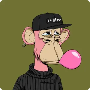An illustration of a sad-looking ape with pink fur, blowing a bubble of gum, wearing a black turtleneck and black baseball cap with the logo "BAYC" on it.