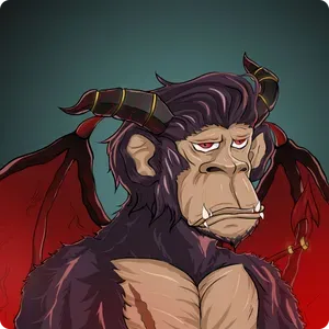 A bored-looking ape with protruding fangs, horns, and red spiked wings
