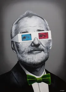 Black and white photorealistic painting of Bill Murray. The only colors are the lenses in a pair of cardboard 3D glasses that Murray is wearing, and a green bowtie.