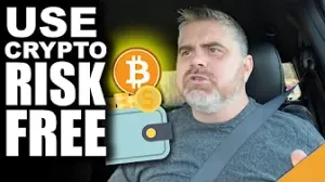 Ben Armstrong ("Bitboy Crypto") pictured sitting in a car, midsentence. Overlaid is the text "Use crypto risk free", the Bitcoin logo, and a wallet with coins