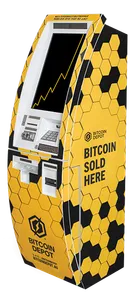A yellow and black Bitcoin ATM with "Bitcoin sold here" printed on the side