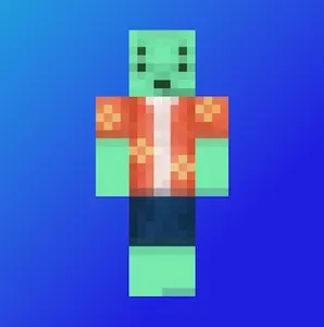 A Minecraft character with turquoise skin, four eyes, a hawaiian style shirt, and dark blue pants