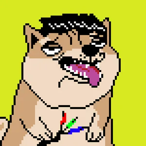 A poorly drawn pixel art shiba inu dog with half-lidded eyes, a shiny black pompadour, and its tongue sticking out, holding some sort of wire with red, green, and blue ends in its paw.