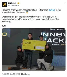 Tweet by BNB Chain: "The grand prize winners of our third track, Lifestyle in #Web3, is the wonderful team Chatcasso ðŸ¥‡

Chatcasso is a guided platform that allows users to easily and conveniently mint NFTs using only text input through the use of AI technology.

[9/11]"