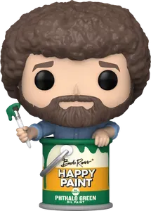 A digital rendering of a Bob Ross Funko Pop, sitting in a paint can