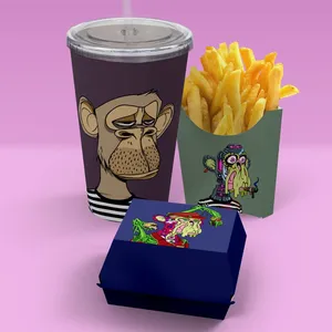A packaged fast food meal with a Bored Ape and two Mutant Apes printed on the packaging