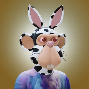 A 3D-rendered humanlike bunny, with cow-print skin, a tie-dye shirt, and red irises.