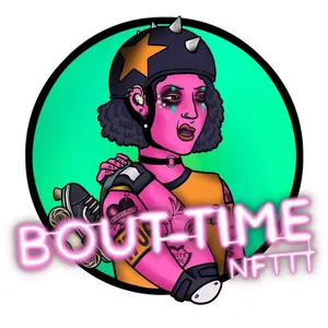 An illustration of a pink-skinned person with a black helmet with a star on it with spikes, holding skates over their shoulder. The text "BOUT TIME NFTTT" is superimposed over it in a neon style