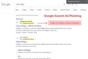 Screenshot of Google search results for "celer bridge", with annotations showing that the first result, a sponsored result, is a malicious result that eventually redirects to a phishing site