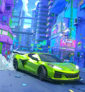 An illustration of a bright green 2023 Chevrolet Z06 speeding through a vaporwave-style city center