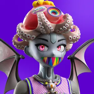 A silver robot wearing a pink octopus as a hat, and with light pink wings and rainbow-colored pointy teeth