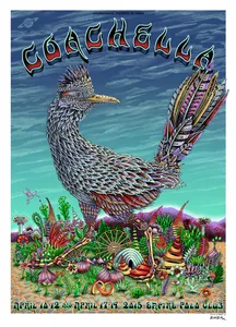 A concert poster for Coachella 2015, featuring a bird with intricate feathers walking through a patch of plants and circus rides in a desert