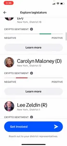 A mobile screenshot of a list titled "explore legislators", showing various representatives and their "Crypto sentiment". Carolyn Maloney of New York, District 12 is displayed with a negative crypto sentiment.