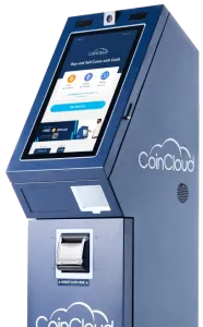A blue crypto ATM, with the CoinCloud logo printed on the side in white