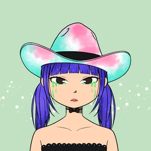 Illustration of a woman wearing a blue and pink cowboy hat, with blue hair, crying green tears, on a green background