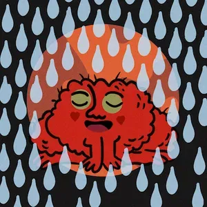 A CreatureToadz NFT: an illustration of a red lumpy toad with hearts on its cheeks, with rain superimposed over
