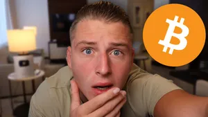 Influencer "Crypto Rover" taking a selfie with an exaggerated concerned expression, and the bitcoin logo next to him