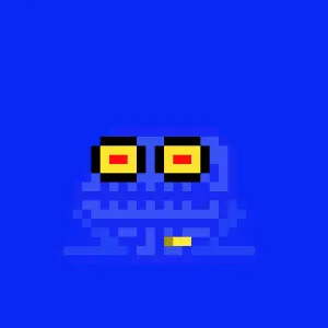 A bright blue pixel art toad skeleton with bright yellow eyes and a yellow watch, on a bright blue background that is almost the same color as the skeleton